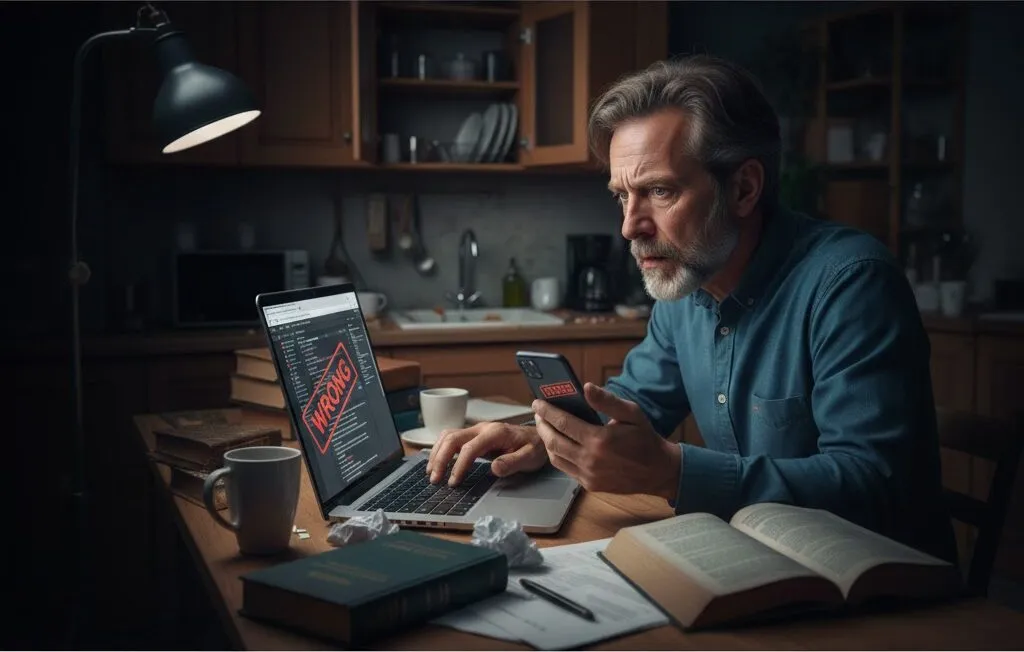 A Man making changes to his website after getting caught telling lies.