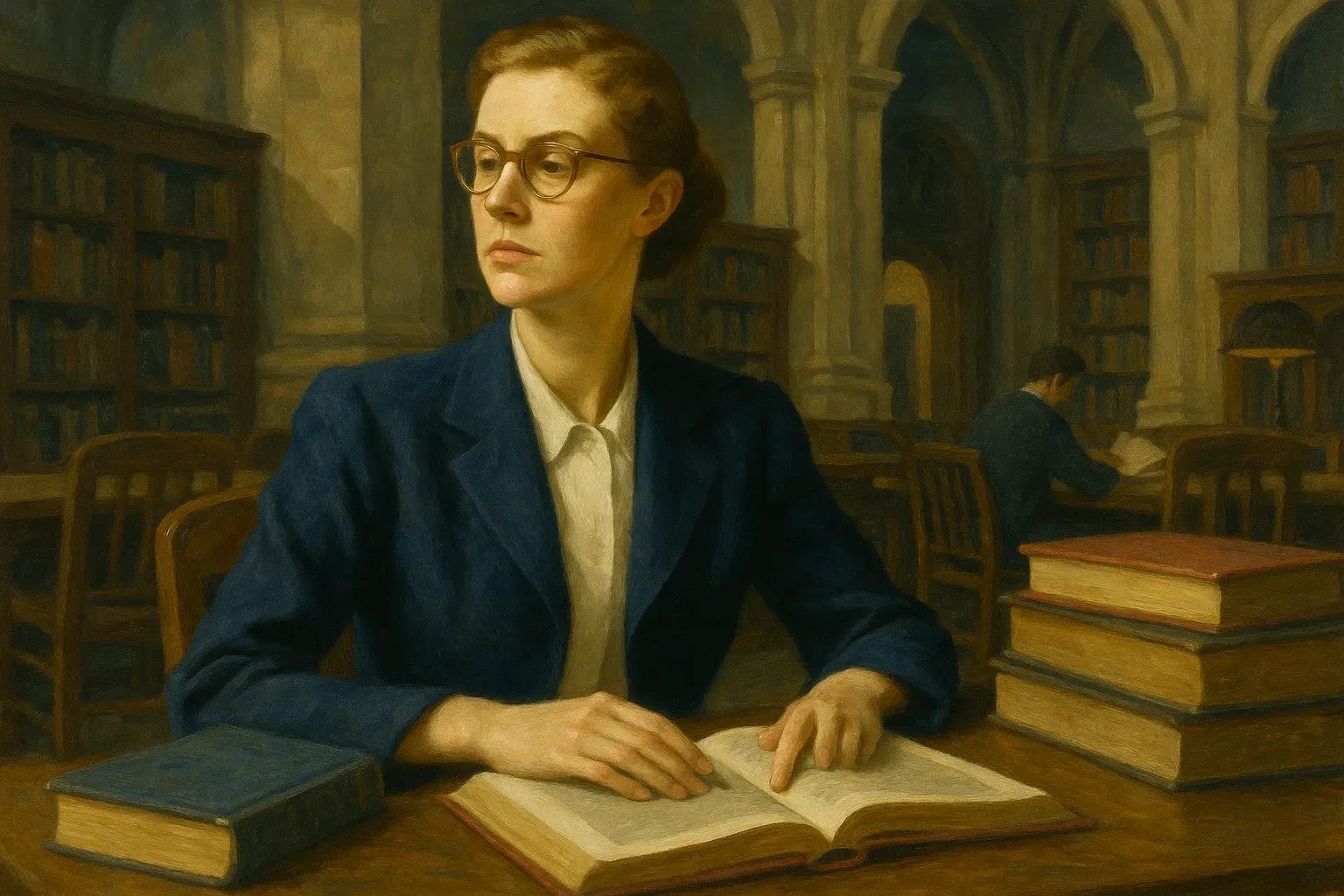 Oil painting of Fawn Mckay Brodie doing research for her anti mormon freudian history about Joseph Smith