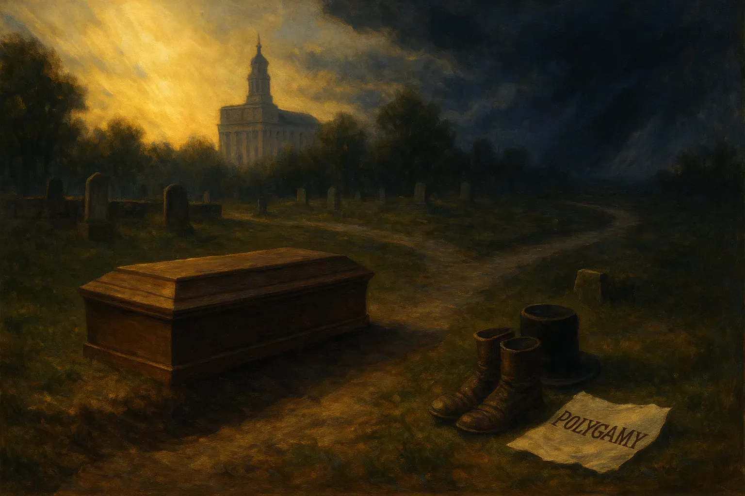Image Showing a cemetary in Nauvoo Illinois with the temple in the background and a coffin