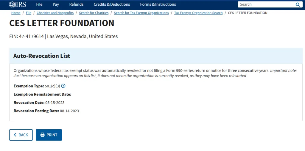 Revocation of CES Letter Foundations Non Profit Status