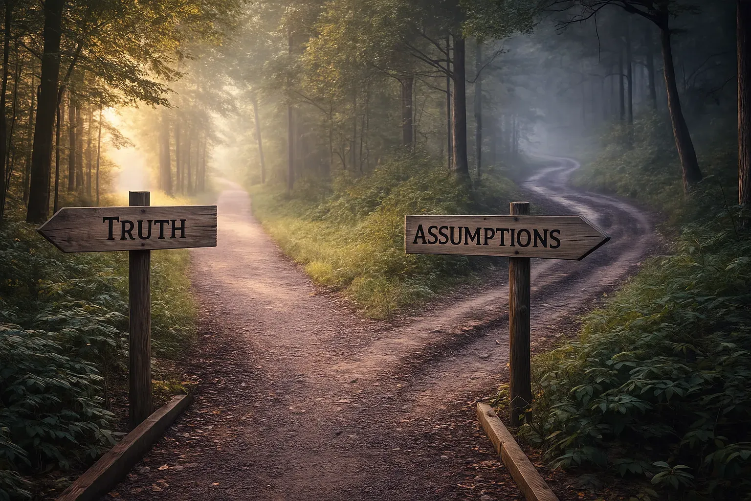 Truth or Assumptions picture of two paths, a straight path on the left leading to light and truth, a dark and dreary curvy path on the right lead by false assumptions