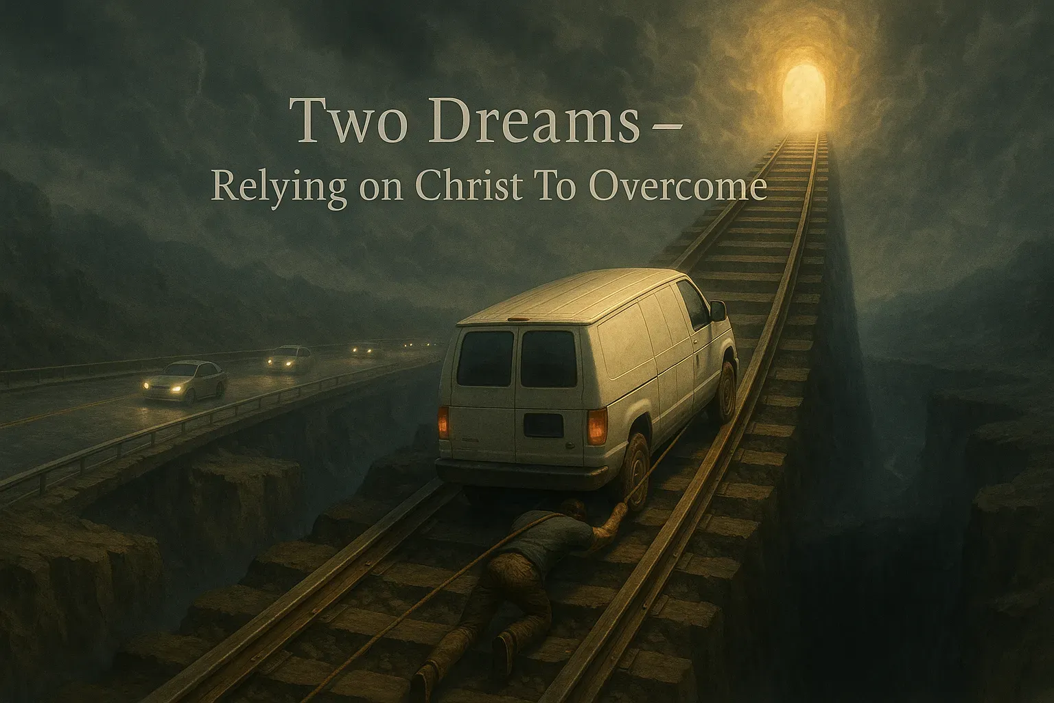 Man pushing a van up a train track on his back